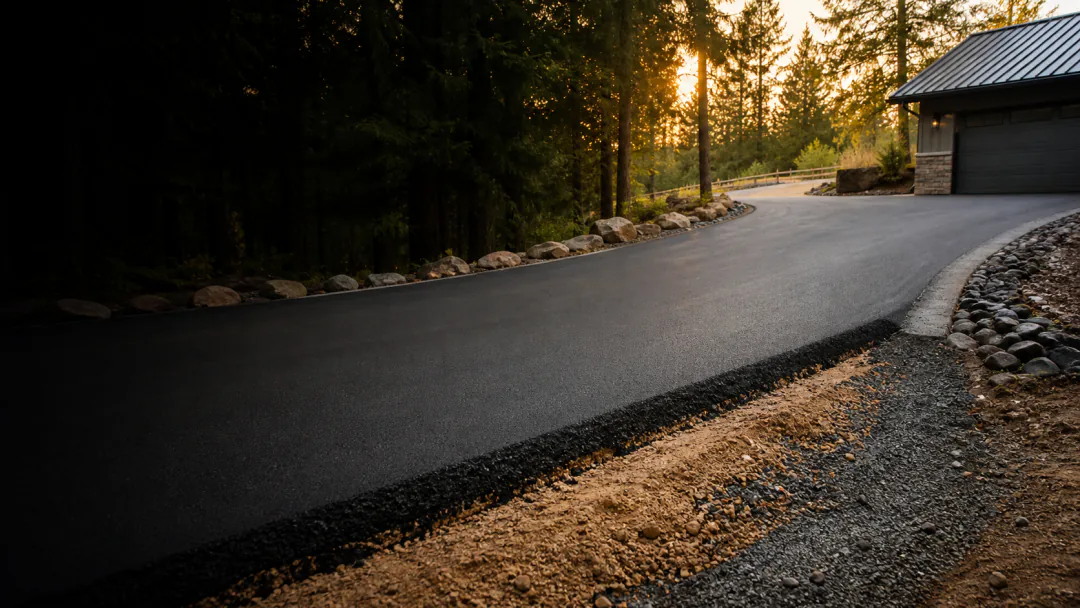 New asphalt driveway beside a visible aggregate shoulder in Maple Ridge